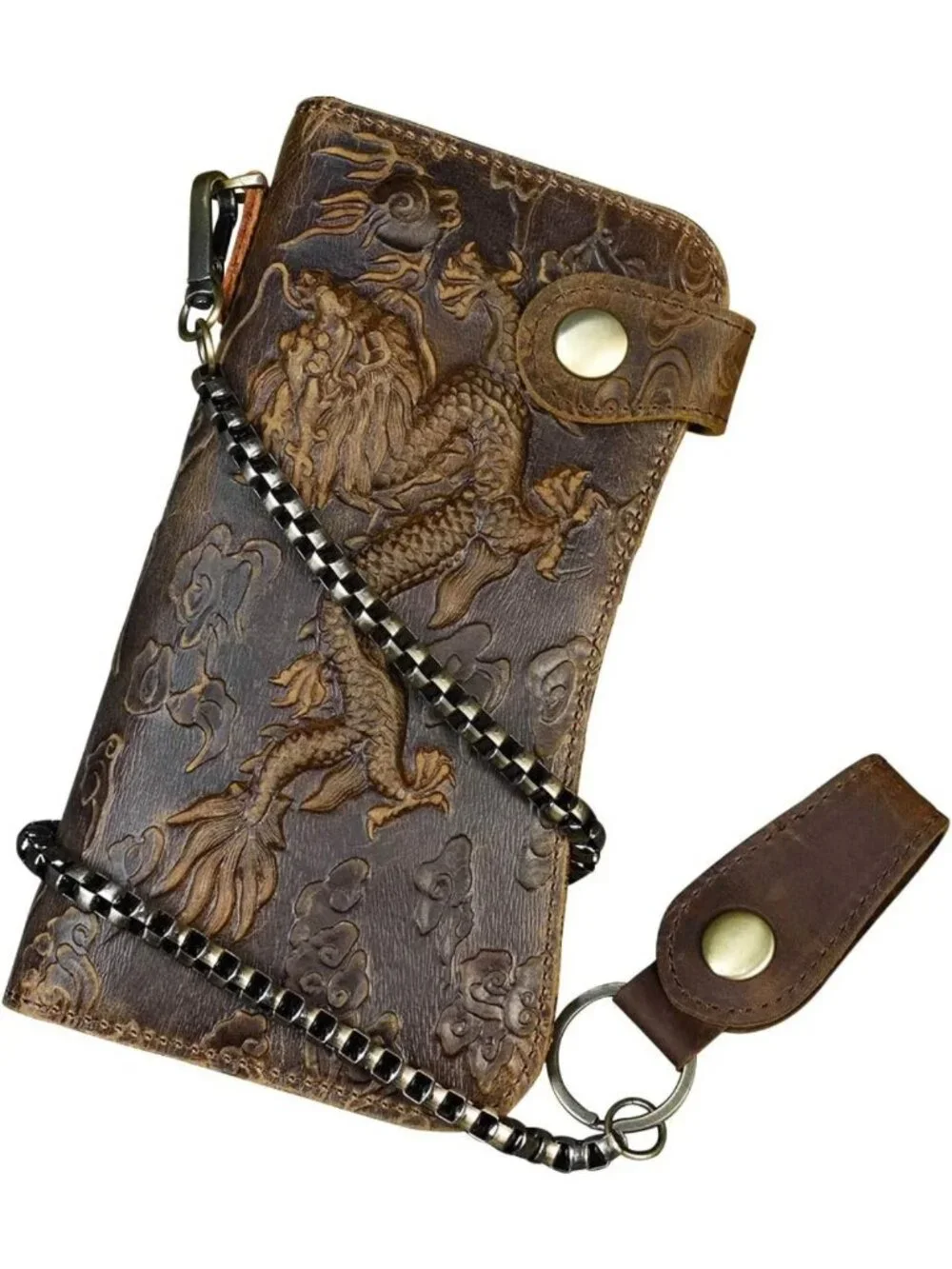 Men's Genuine Leather Long Wallet with Chain, Card Holder & Coin Pocket